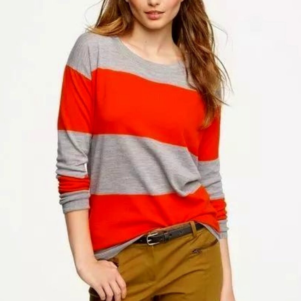 J.Crew XS Saturday Sweater Merino Wool Gray‎ Orange Striped Pullover EUC